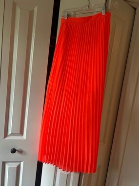 Skies Are Blue Neon Orange Pleated Midi Skirt